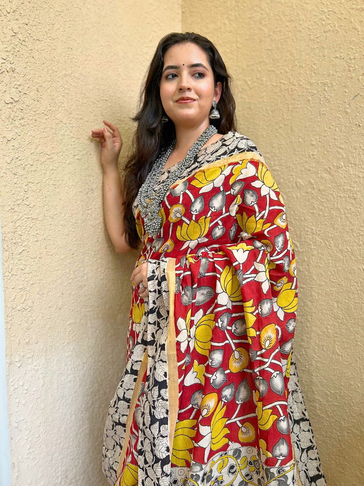 Kalamkari Silk Cotton Saree with Border – Red & Yellow