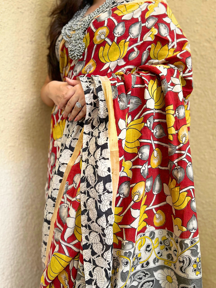 Kalamkari Silk Cotton Saree with Border – Red & Yellow