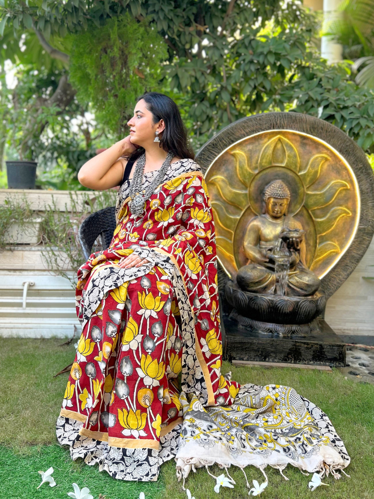 Kalamkari Silk Cotton Saree with Border – Red & Yellow