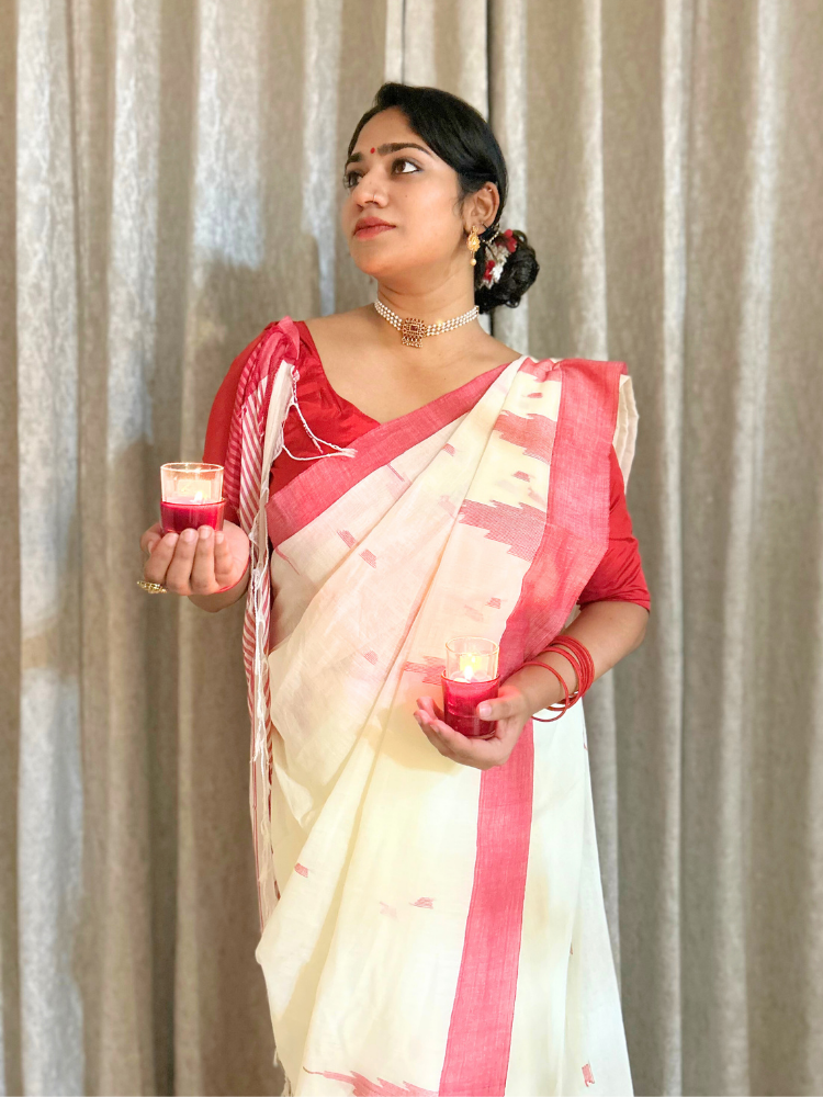 Linen Cotton Saree with Temple Border – Off-White & Red