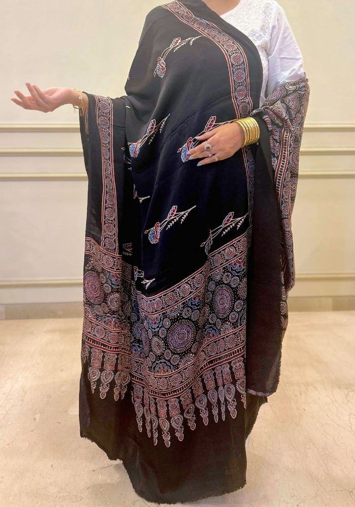 Black Modal Silk Ajrakh Hand Block Dupatta