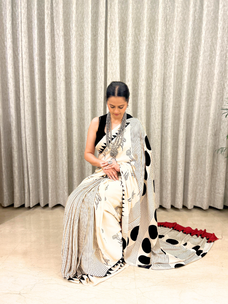 Modal Silk Stylish Ivory Hand Block Printed Saree
