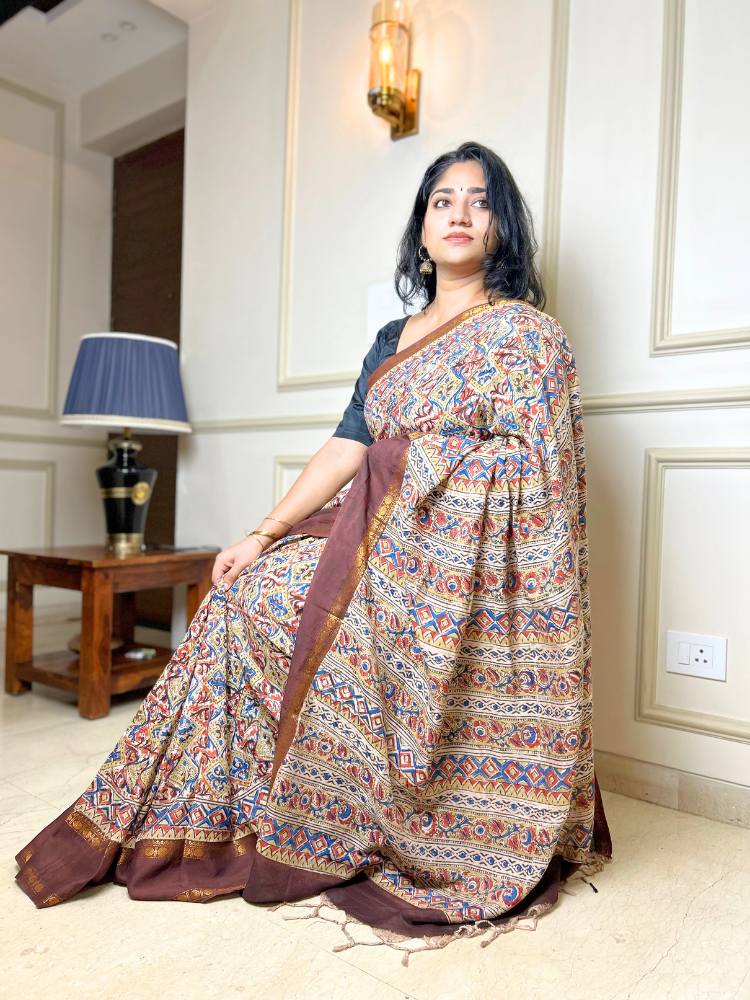 Kalamkari Silk Cotton Saree with Border – Brown