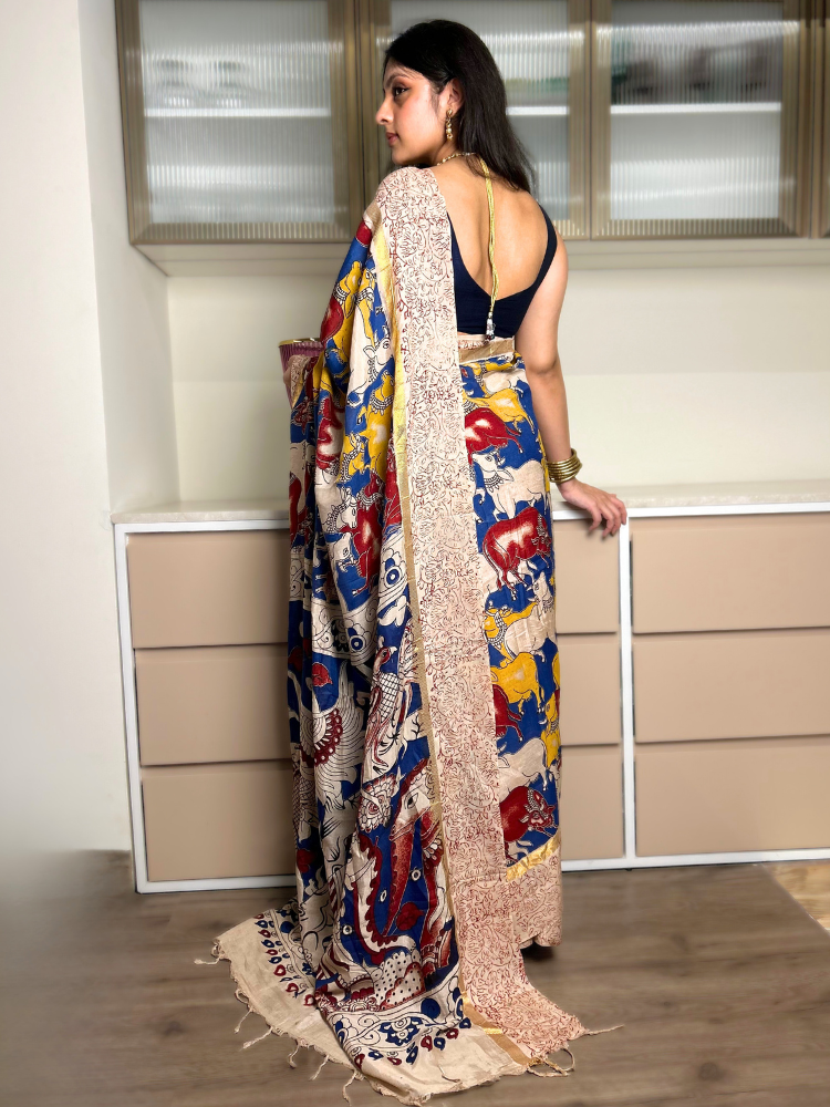 Kalamkari Silk Cotton Saree with Border – Red & Yellow