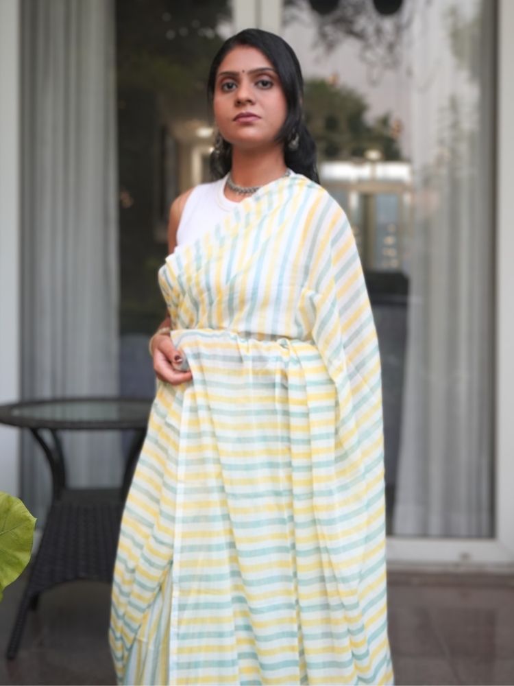 Serene Stripes – Cream & Green Mul Cotton with Elegant Tassels