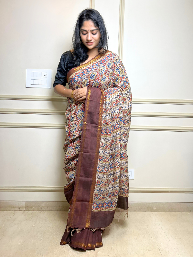 Kalamkari Silk Cotton Saree with Border – Brown