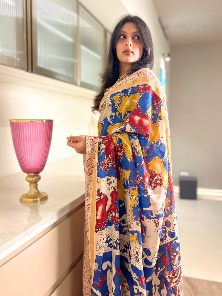 Kalamkari Silk Cotton Saree with Border – Red & Yellow