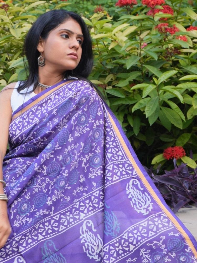 Lavender Grace – Handcrafted Chanderi Silk Saree with Bagru Prints