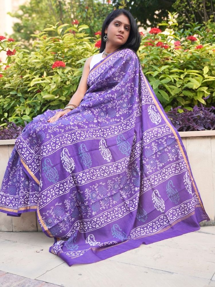 Lavender Grace – Handcrafted Chanderi Silk Saree with Bagru Prints