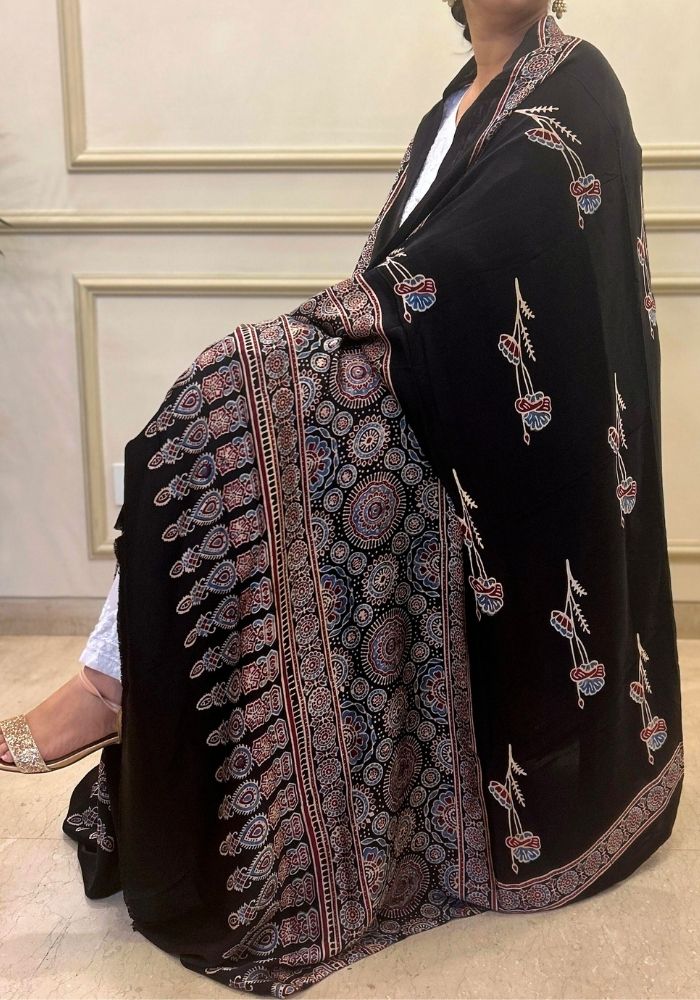 Black Modal Silk Ajrakh Hand Block Dupatta