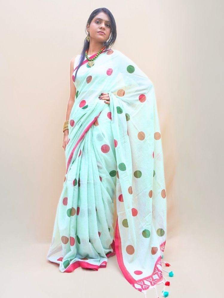 Ocean Charm – Sea Green Polka Dot Mul Cotton with Tassels