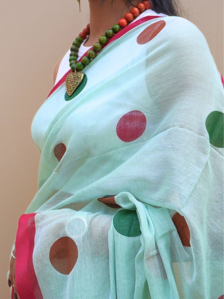 Ocean Charm – Sea Green Polka Dot Mul Cotton with Tassels