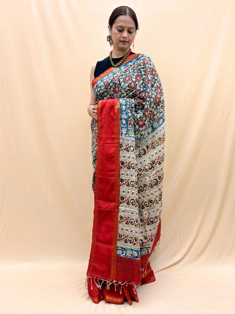 Red & Black Kalamkari Silk Cotton Saree with Traditional Border