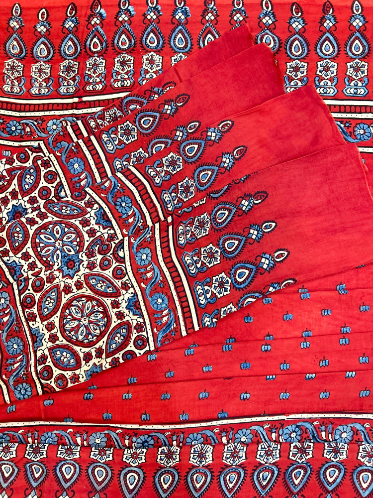 Modal Silk Ajrakh Hand Block Printed Saree with Lotus – Red