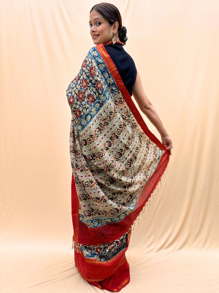 Red & Black Kalamkari Silk Cotton Saree with Traditional Border