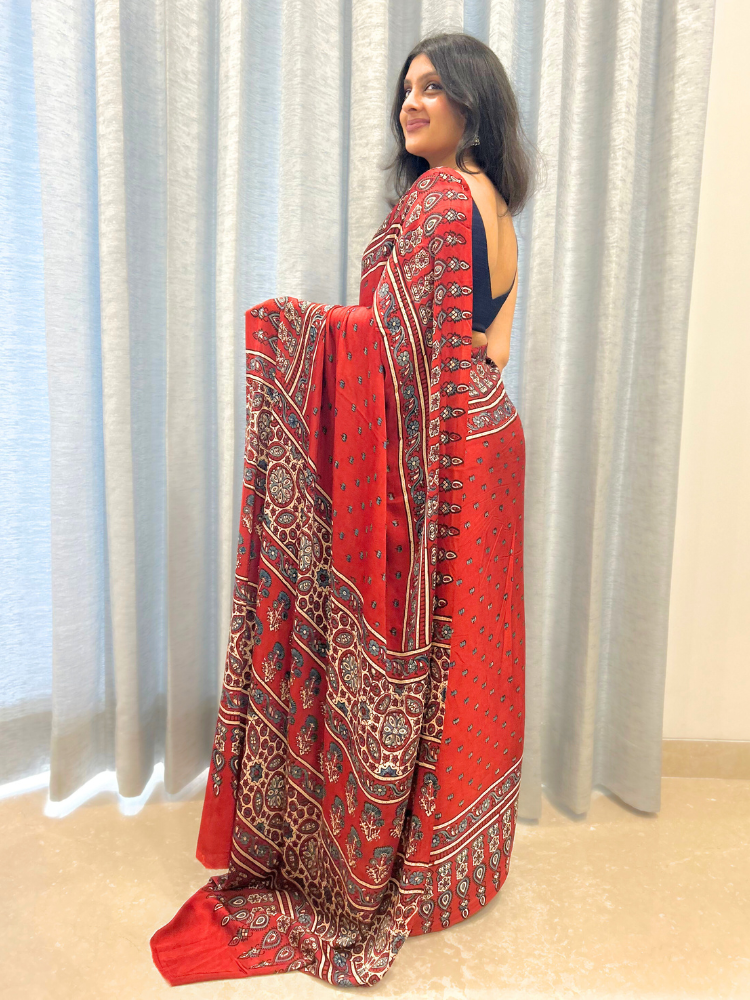 Modal Silk Ajrakh Hand Block Printed Saree with Lotus – Red