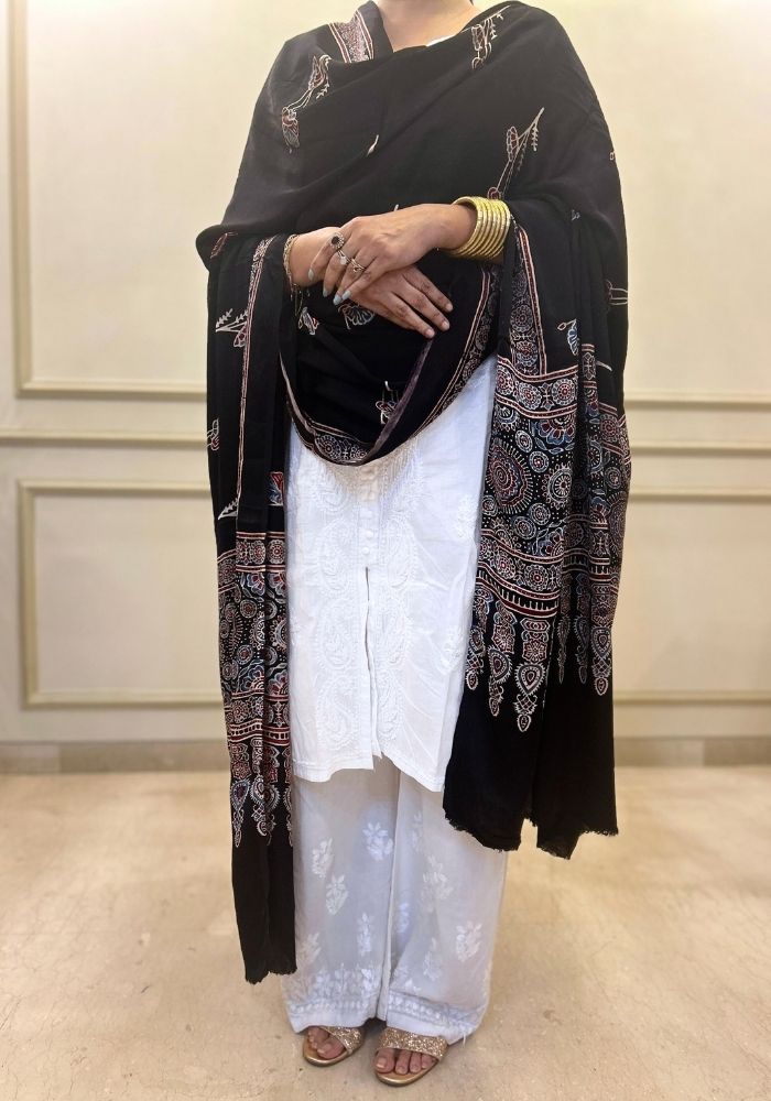 Black Modal Silk Ajrakh Hand Block Dupatta