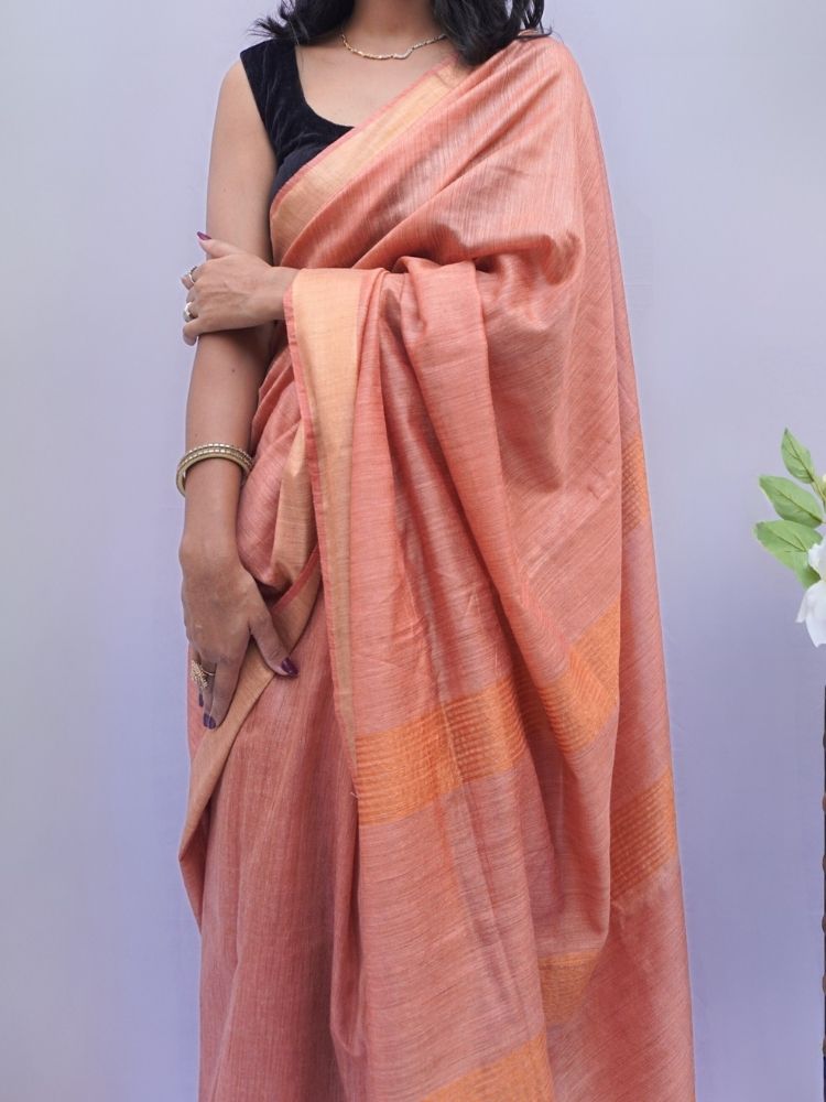 Elegant Silk Cotton Plain Saree with Golden Border – Brown