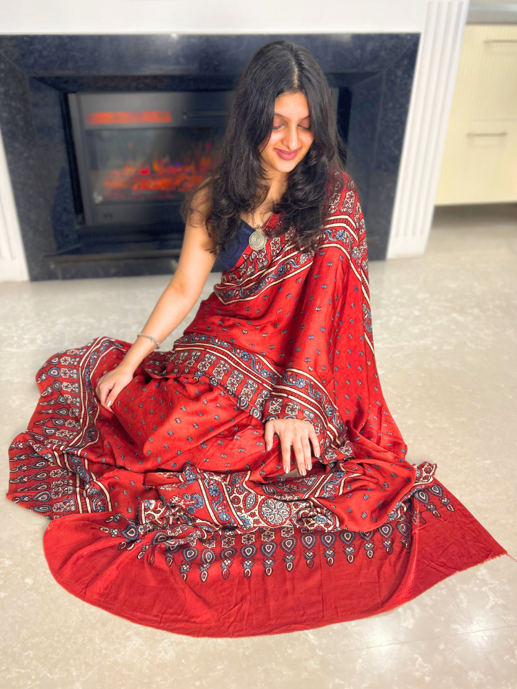 Modal Silk Ajrakh Hand Block Printed Saree with Lotus – Red