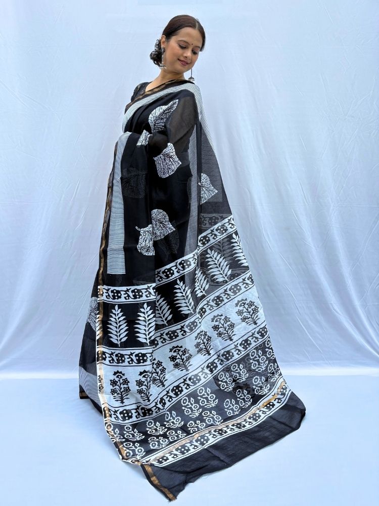 Midnight Elegance – Black Chanderi Silk Cotton Saree with Block Print