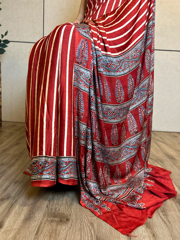 Modal Silk Red Stripes Ajrakh Hand Block Printed Saree