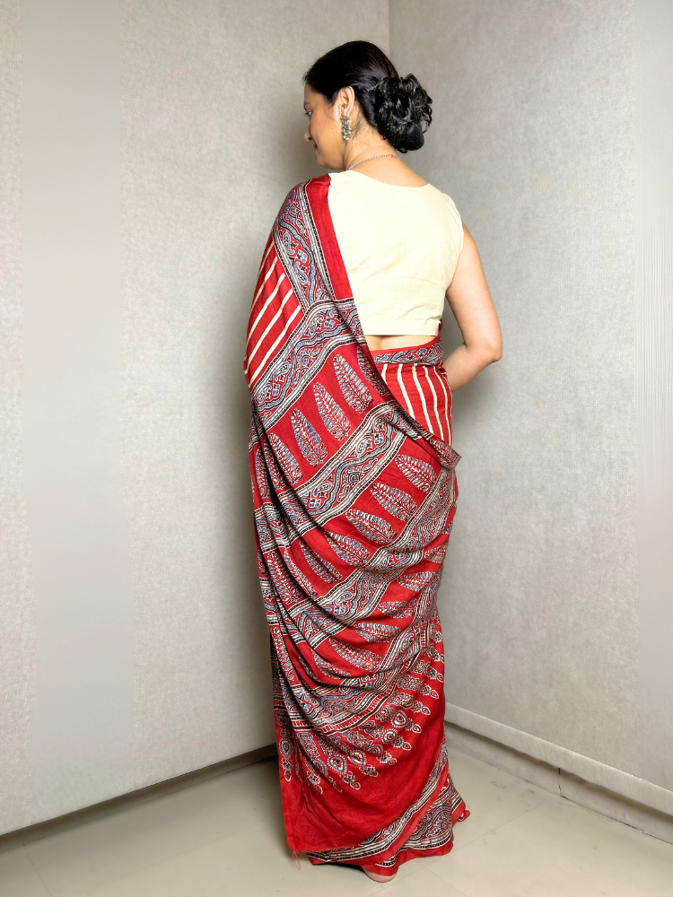 Modal Silk Red Stripes Ajrakh Hand Block Printed Saree
