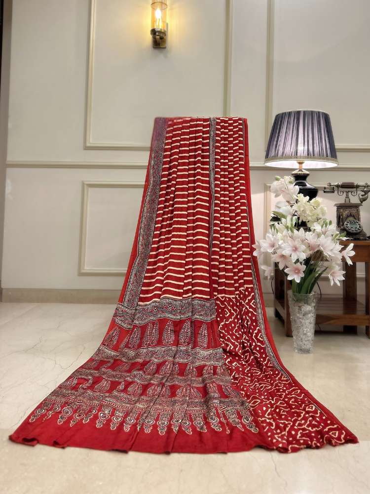 Modal Silk Red Stripes Ajrakh Hand Block Printed Saree