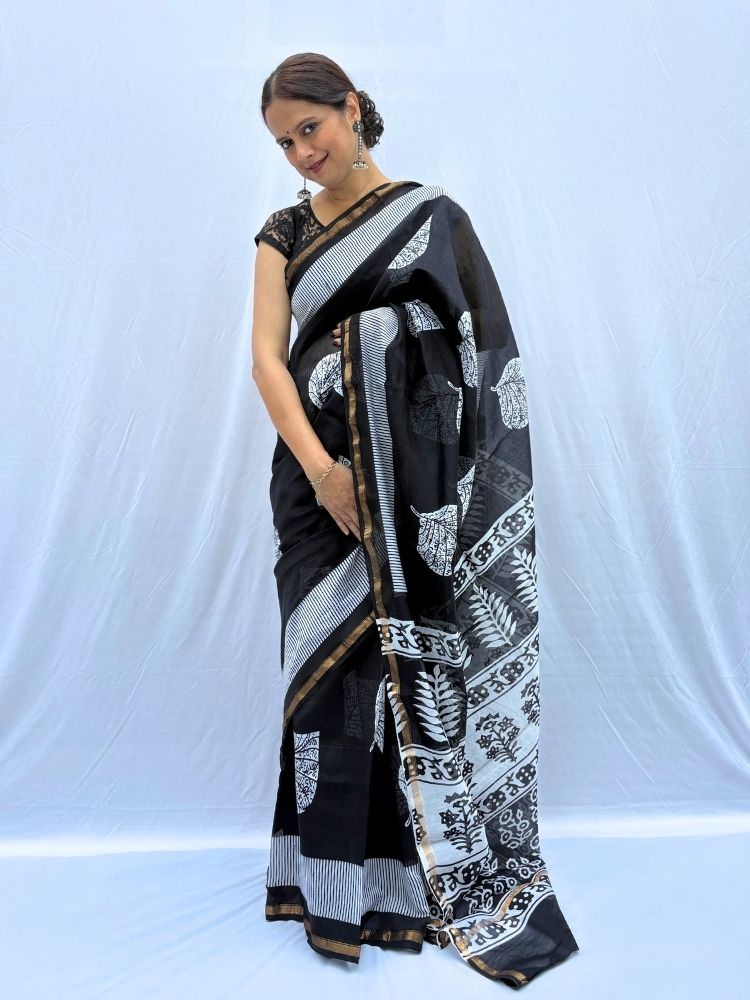 Midnight Elegance – Black Chanderi Silk Cotton Saree with Block Print