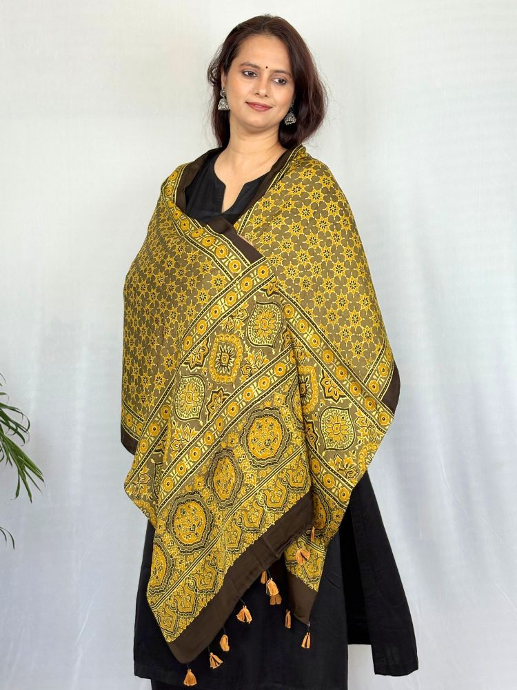 Sunshine Charm – Yellow Modal Silk Ajrakh Hand Block Stole
