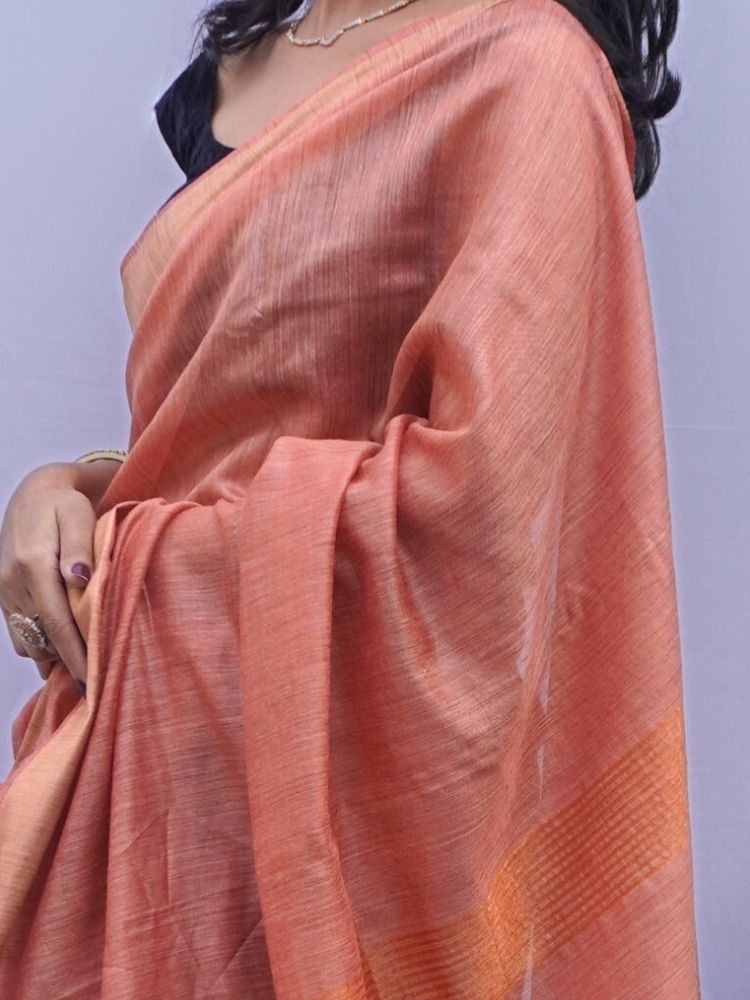 Elegant Silk Cotton Plain Saree with Golden Border – Brown
