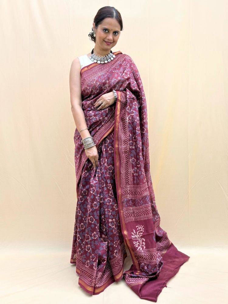 Crimson Charm – Maroon Chanderi Silk Saree with Hand Block Prints