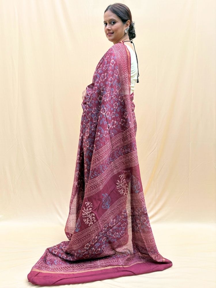 Crimson Charm – Maroon Chanderi Silk Saree with Hand Block Prints