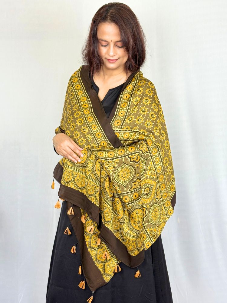 Sunshine Charm – Yellow Modal Silk Ajrakh Hand Block Stole