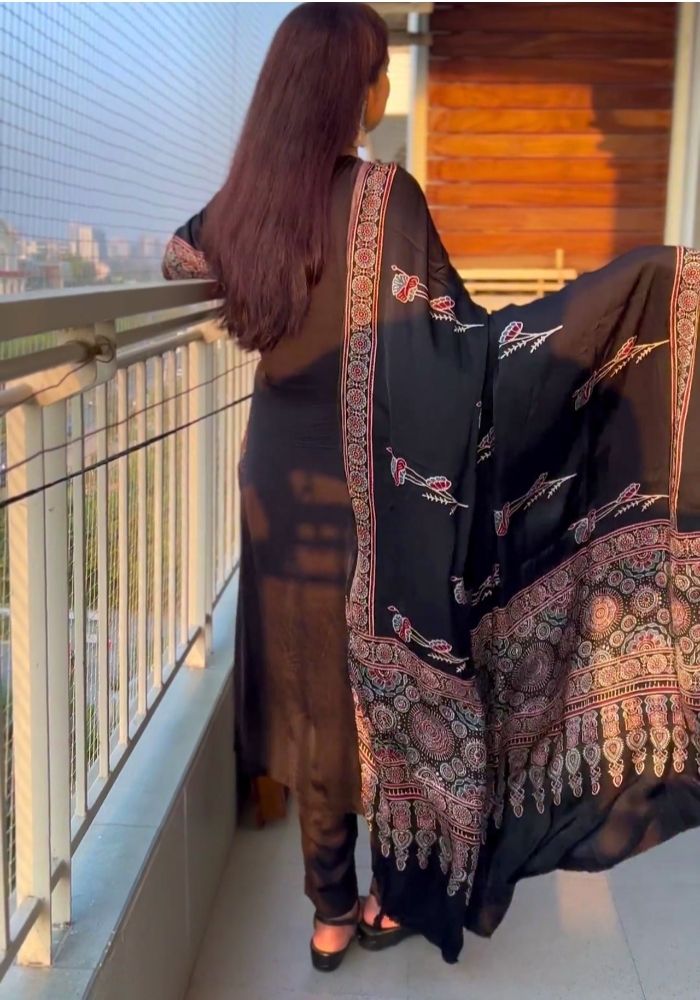 Black Modal Silk Ajrakh Hand Block Dupatta