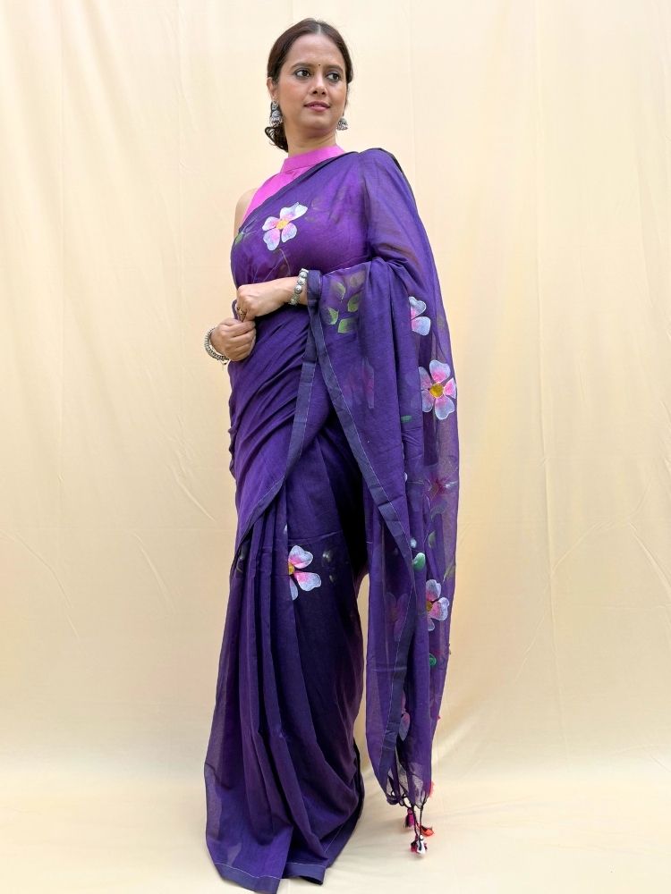 Violet Bloom – Purple Hand-Painted Mul Cotton Saree with Tassels