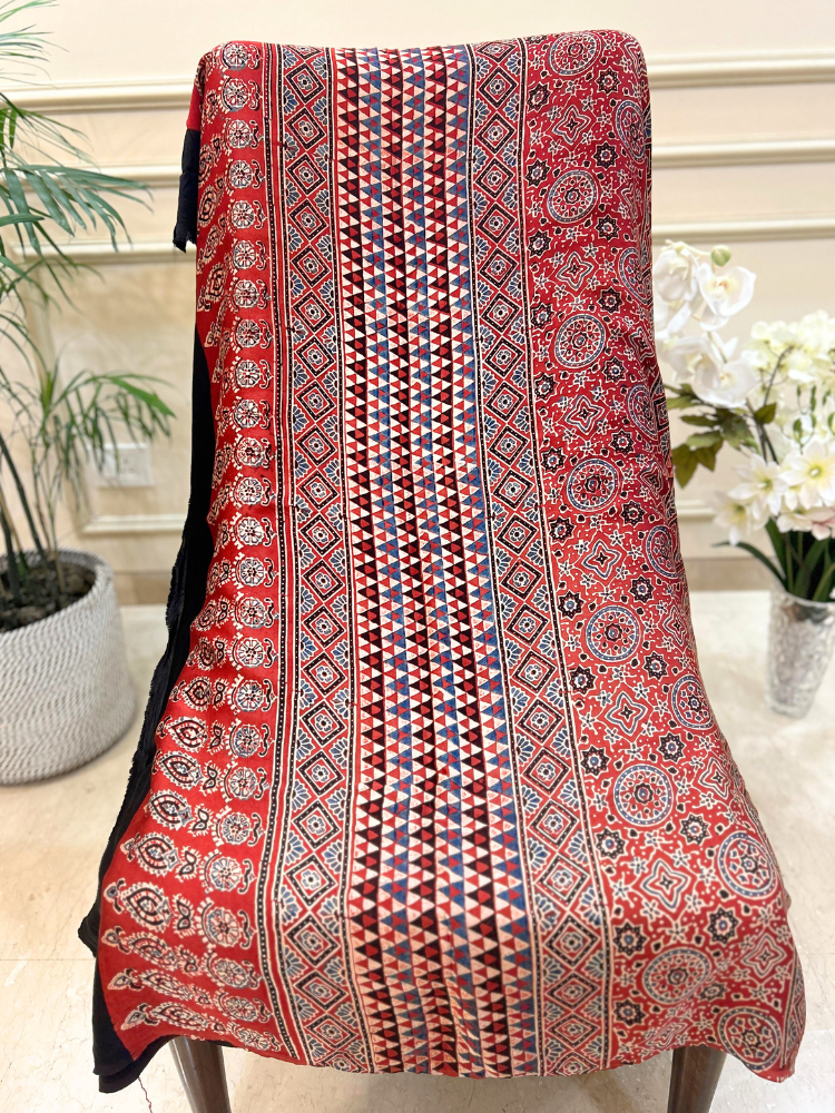 Modal Silk Ajrakh Hand Block Printed Saree – Red