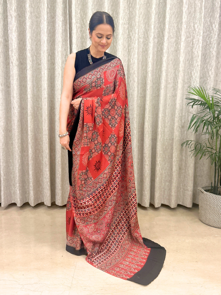 Modal Silk Ajrakh Hand Block Printed Saree – Red
