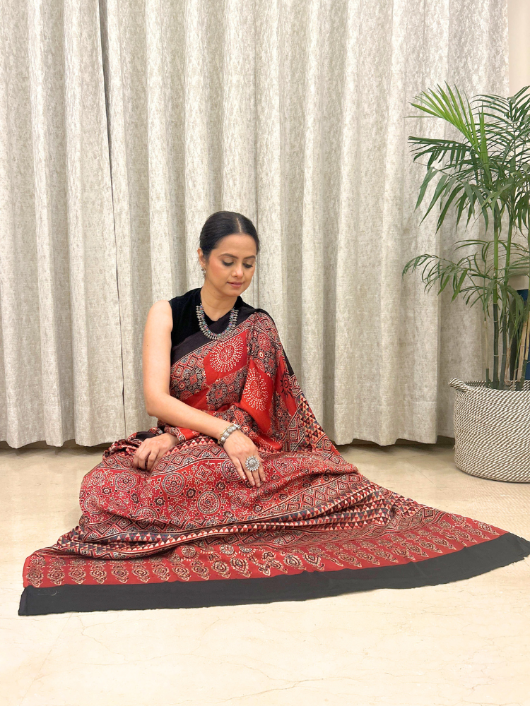 Modal Silk Ajrakh Hand Block Printed Saree – Red