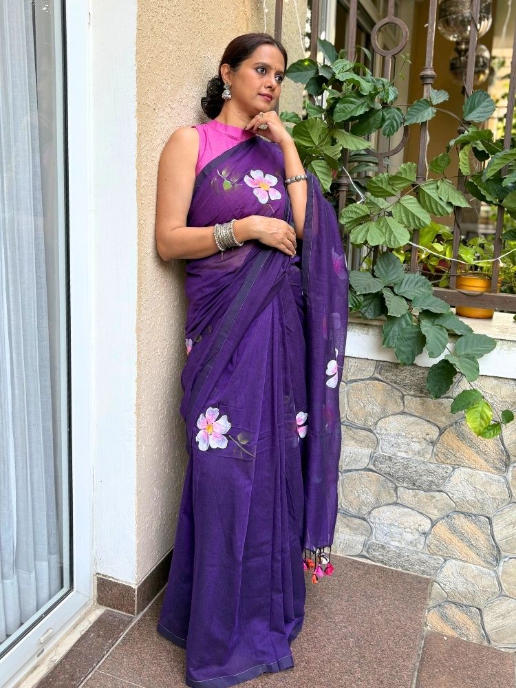 Violet Bloom – Purple Hand-Painted Mul Cotton Saree with Tassels