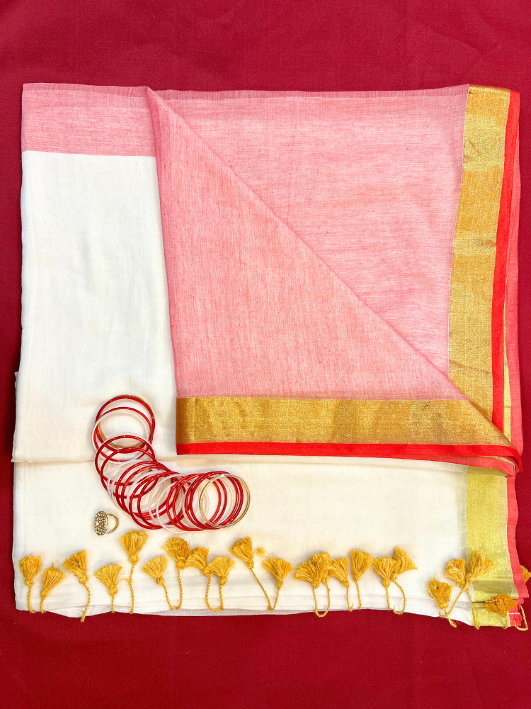 Kasavu Traditional Kerala Cotton Saree – White, Red & Gold