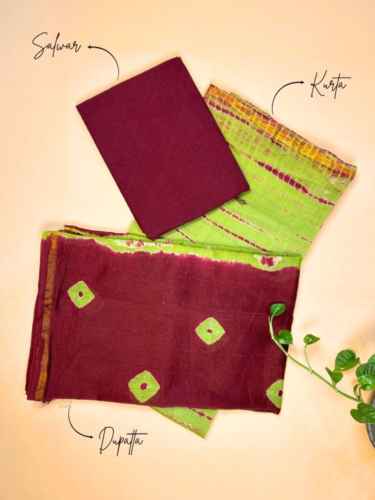 Forest Harmony – Mehandi Green & Maroon Chanderi Silk Cotton Suit Set