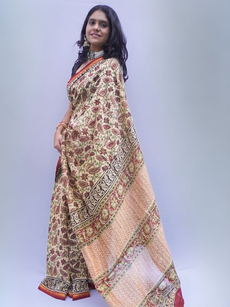 Rust Chanderi Silk Cotton Saree with Floral Ajrakh Print