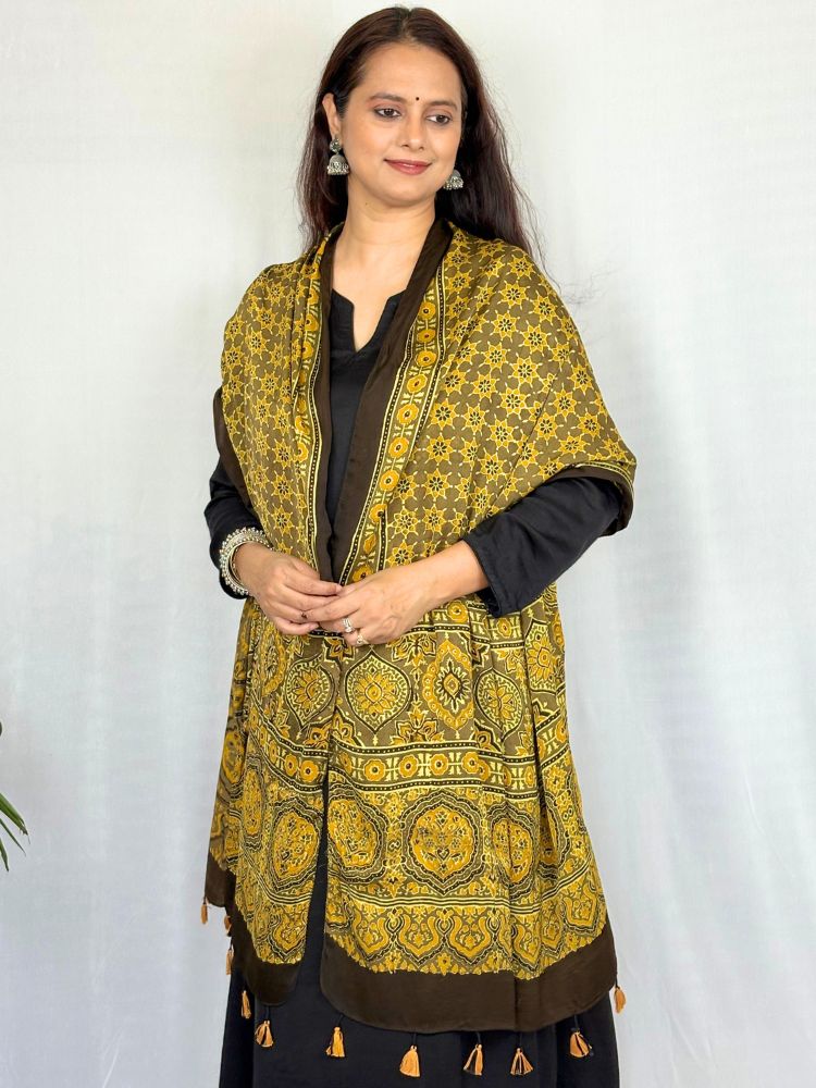 Sunshine Charm – Yellow Modal Silk Ajrakh Hand Block Stole
