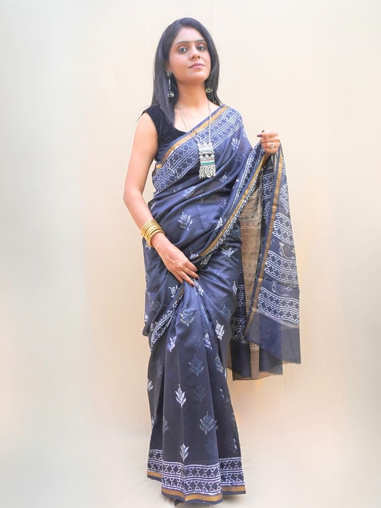 Midnight Grace – Black Chanderi Silk Saree with Bagru Print