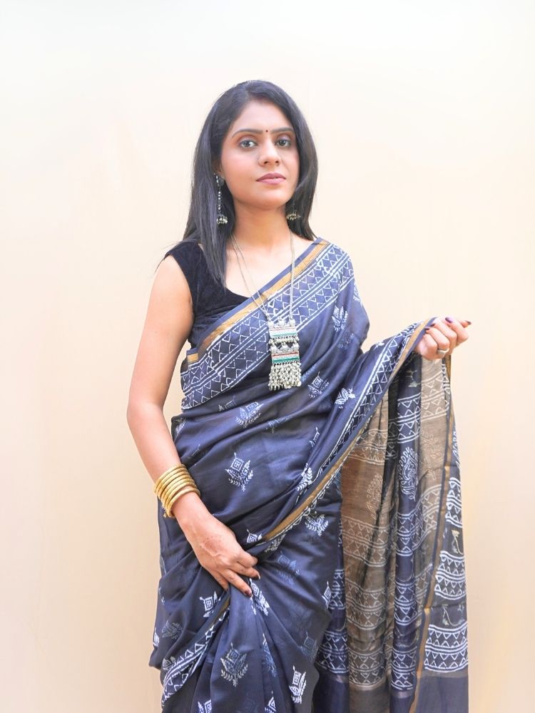 Midnight Grace – Black Chanderi Silk Saree with Bagru Print