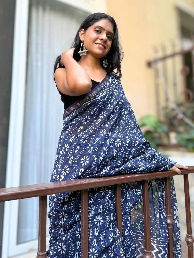 Azure Bloom – Blue Chanderi Silk Cotton Saree with Floral Block Print