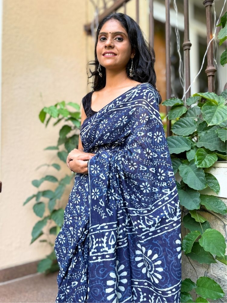 Azure Bloom – Blue Chanderi Silk Cotton Saree with Floral Block Print
