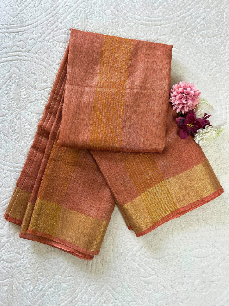 Elegant Silk Cotton Plain Saree with Golden Border – Brown