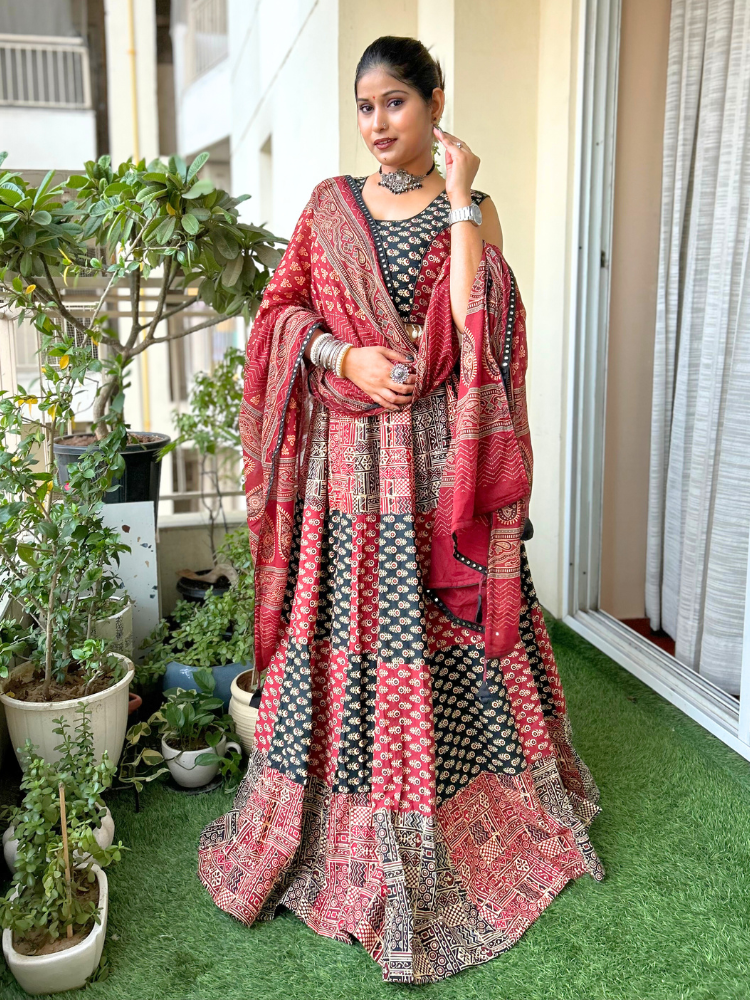 Ajrakh Cotton Lehanga – Maroon & Black