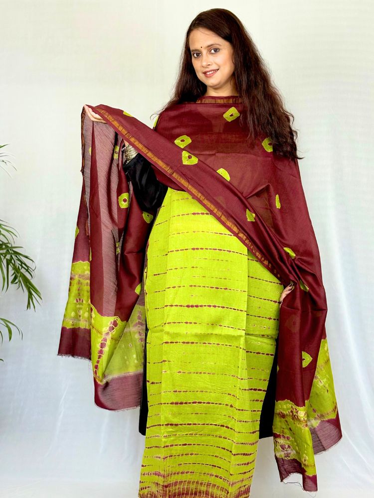 Forest Harmony – Mehandi Green & Maroon Chanderi Silk Cotton Suit Set